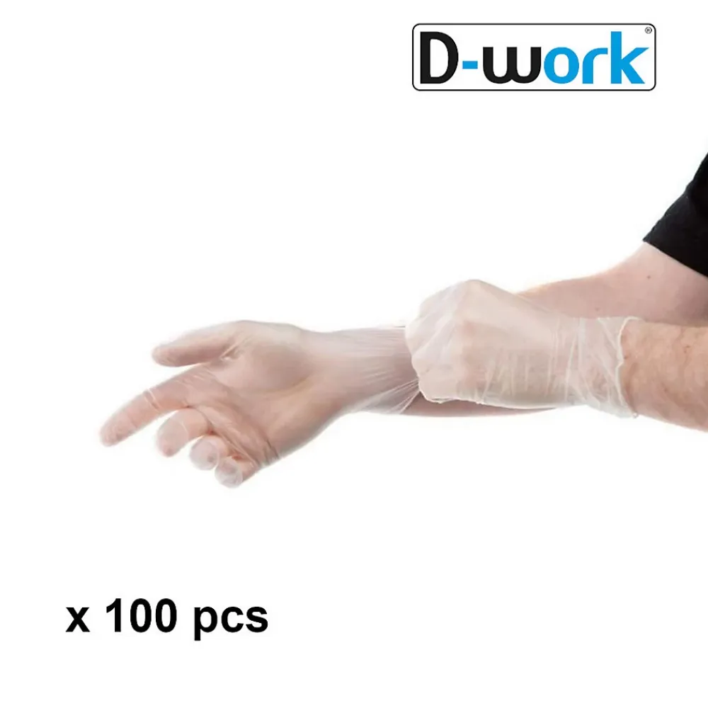D-Work 100 Gants Vinyle Micro Poudrés Taille L (8/9) Résistants, Confortables et Polyvalents pour Usage Alimentaire -* Gants De Ménage