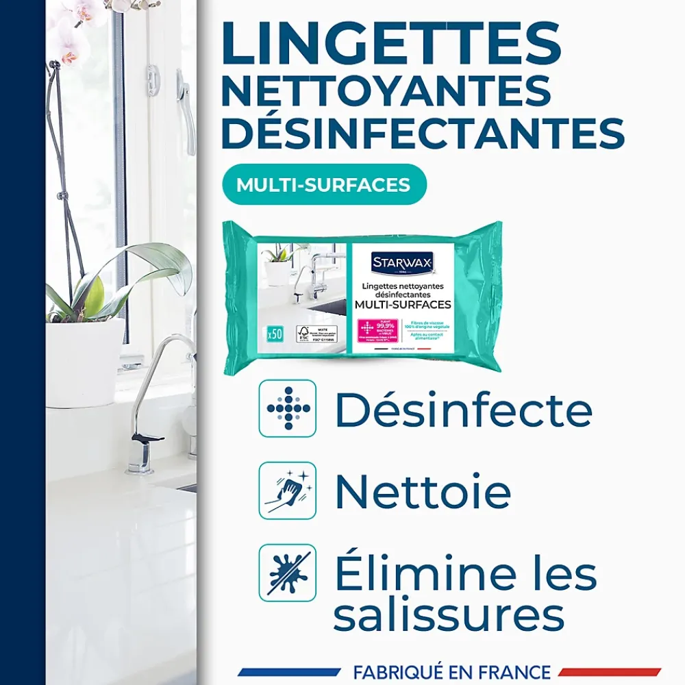 Starwax 50 lingettes nettoyantes désinfectantes* Produit Multi-Usages|Lingette