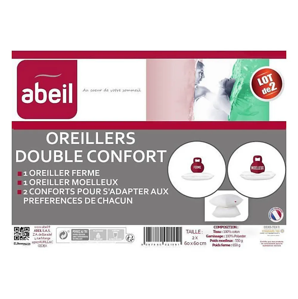 Lot de 2 Oreillers DOUBLE CONFORT 100% Coton 60x60cm>Abeil Sale