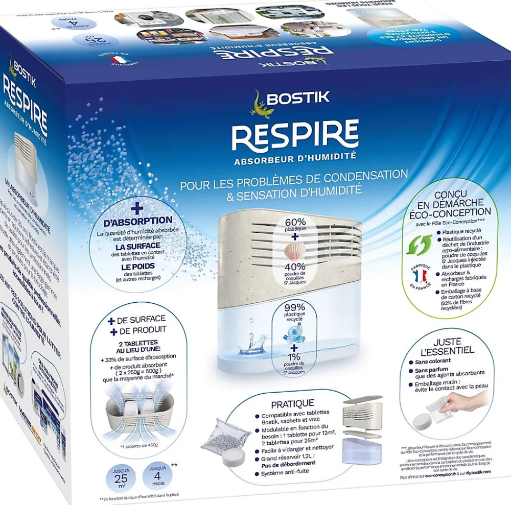 Absorbeur d'humidité avec 4 tablettes de 250 g Respire pour surface de 25 m²>Bostik Online