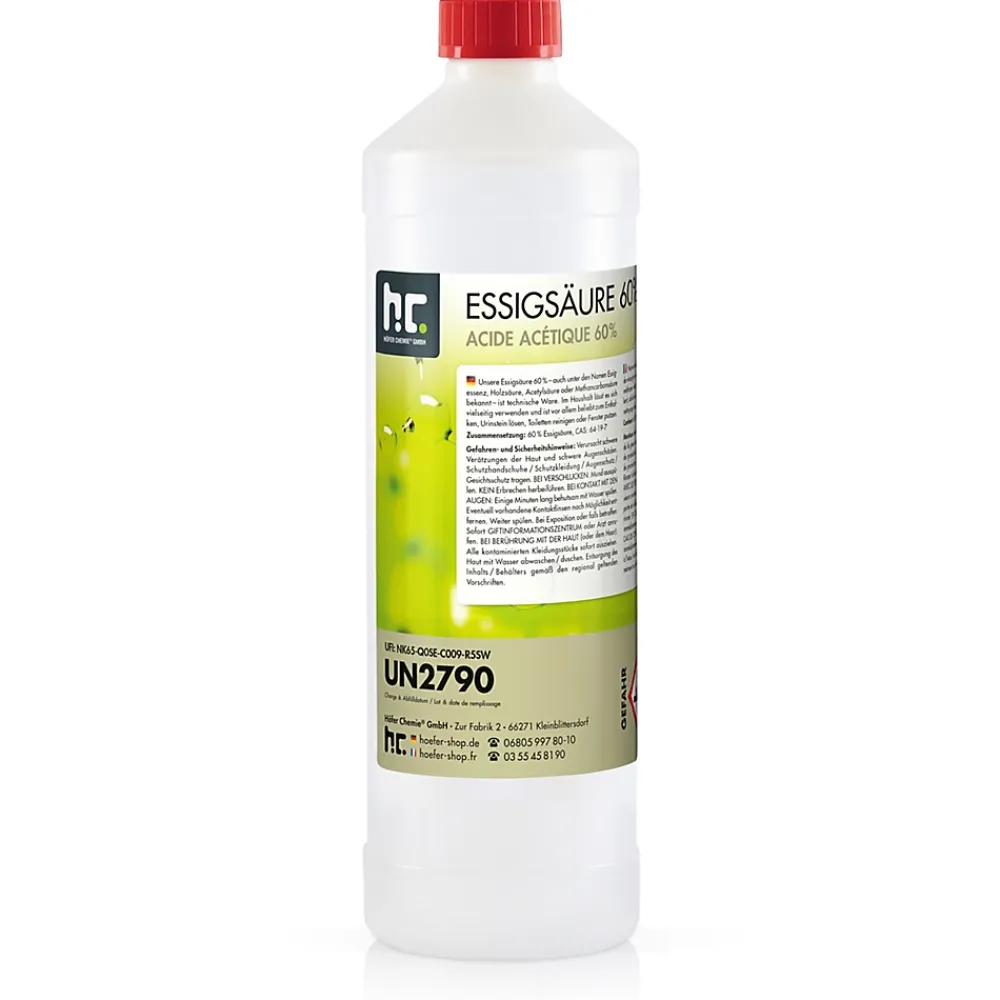 Höfer Chemie Acide Acétique 60 %, 1 x 1 L : Nettoyant Concentré, Et Économique Pour Un Usage Ménager Polyvalent* Acide Chlorhydrique