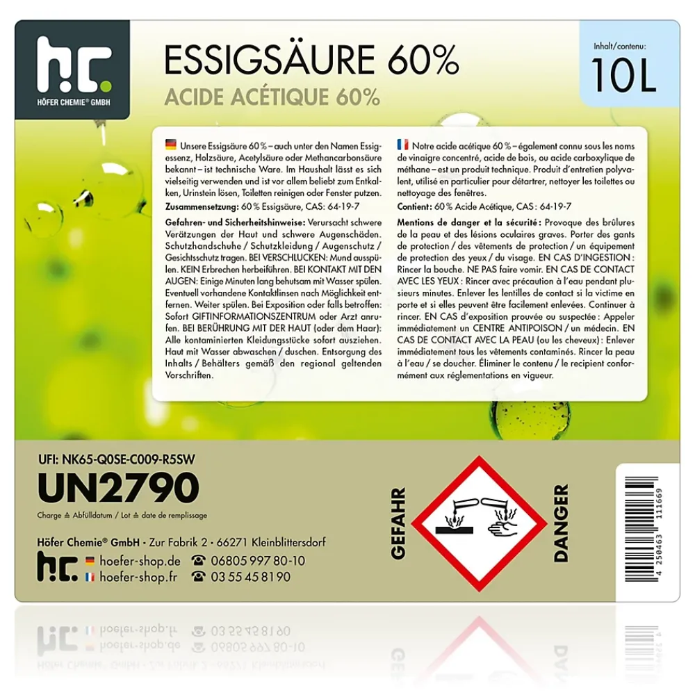 Höfer Chemie Acide Acétique 60 %, 12 x 10 L : Nettoyant Concentré, Et Économique Pour Un Usage Ménager Polyvalent* Acide Chlorhydrique