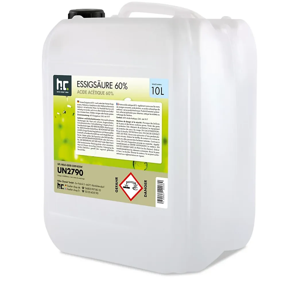 Höfer Chemie Acide Acétique 60 %, 12 x 10 L : Nettoyant Concentré, Et Économique Pour Un Usage Ménager Polyvalent* Acide Chlorhydrique