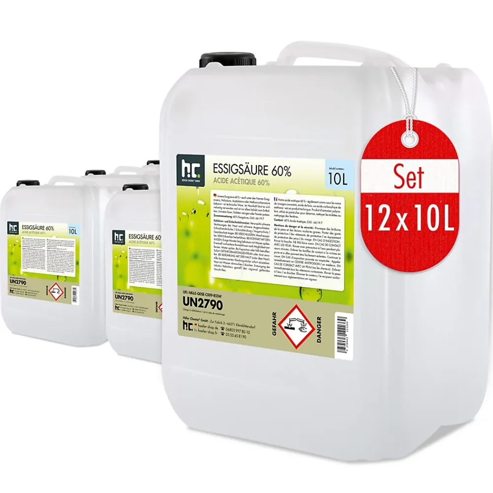 Höfer Chemie Acide Acétique 60 %, 12 x 10 L : Nettoyant Concentré, Et Économique Pour Un Usage Ménager Polyvalent* Acide Chlorhydrique