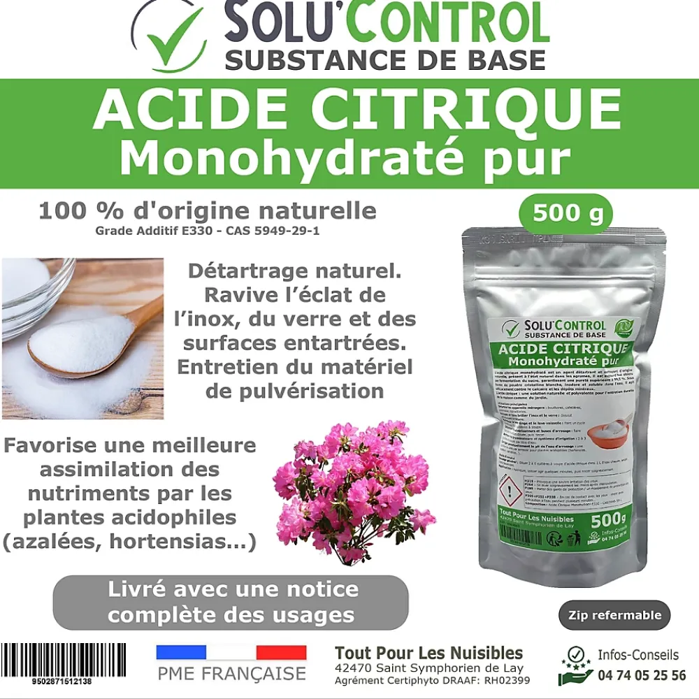 Tout Pour Les Nuisibles Acide citrique monohydraté pur 500 g - 100% d'origine naturel - Nettoyer, détartrer, raviver l'inox et corriger le pH* Acide Chlorhydrique