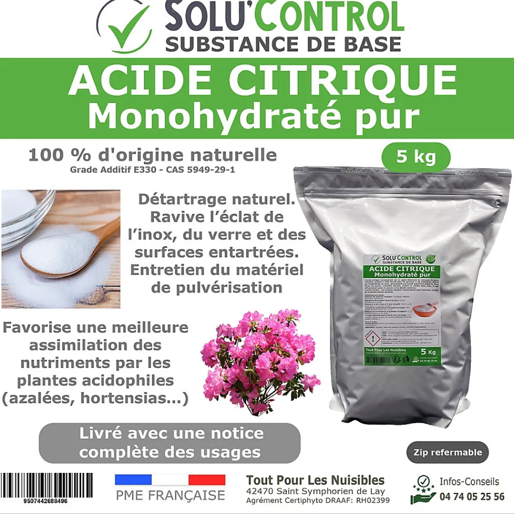 Acide citrique monohydraté pur 5 kg - 100% d'origine naturel - Nettoyer, détartrer, raviver l'inox et corriger le pH>Tout Pour Les Nuisibles
