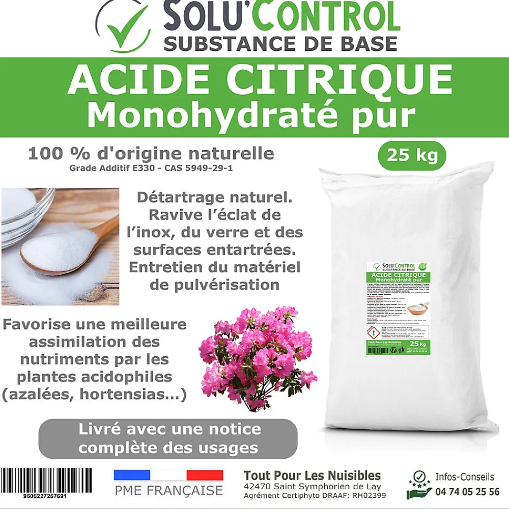 Acide citrique monohydraté pur 25 kg - 100% d'origine naturel - Nettoyer, détartrer, raviver l'inox et corriger le pH>Tout Pour Les Nuisibles