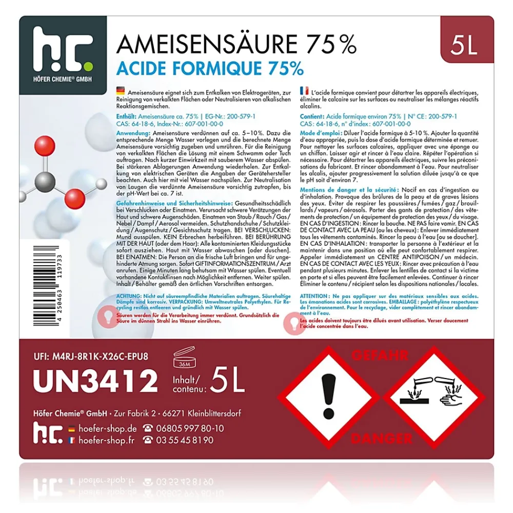 Höfer Chemie Acide Formique 75 % 2 x 5 L, Puissant Nettoyant Technique Pour Détartrage, Décapage Et Traitement Du Cuir* Acide Chlorhydrique