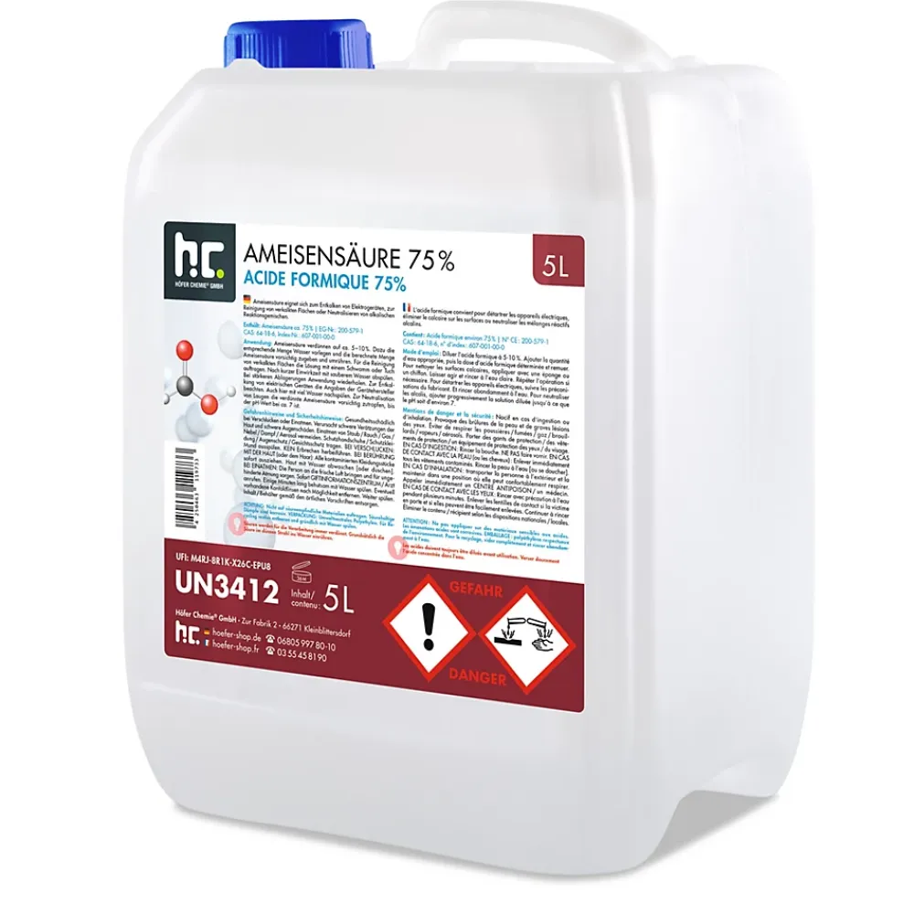 Höfer Chemie Acide Formique 75 % 4 x 5 L, Puissant Nettoyant Technique Pour Détartrage, Décapage Et Traitement Du Cuir* Acide Chlorhydrique