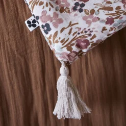ADONIS - Chemin de Lit 90x200cm Gaze de Coton Blanc Imprimé Fleur Détail 4 Pompons>Altobuy Online