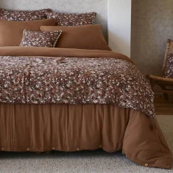 ADONIS - Chemin de Lit 90x200cm Gaze de Coton Brun Imprimé Fleur Détail 4 Pompons>Altobuy Discount