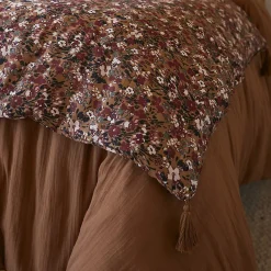 ADONIS - Chemin de Lit 90x200cm Gaze de Coton Brun Imprimé Fleur Détail 4 Pompons>Altobuy Discount