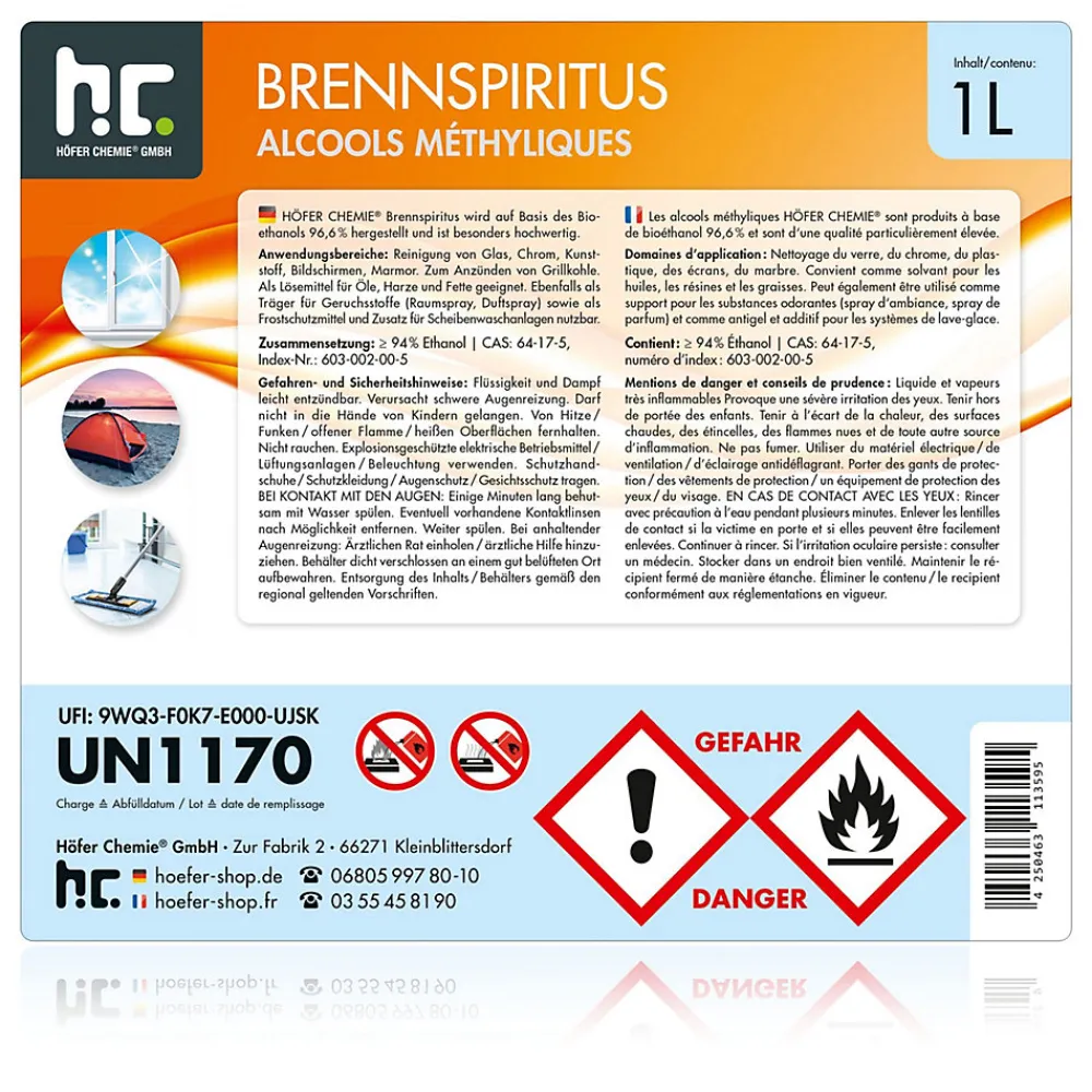 Alcool À Brûler 94 % 15 x 1 L, Haute Pureté Pour Nettoyage, Dégraissage Et Antigel Des Vitres Et Surfaces Domestiques>Höfer Chemie Clearance