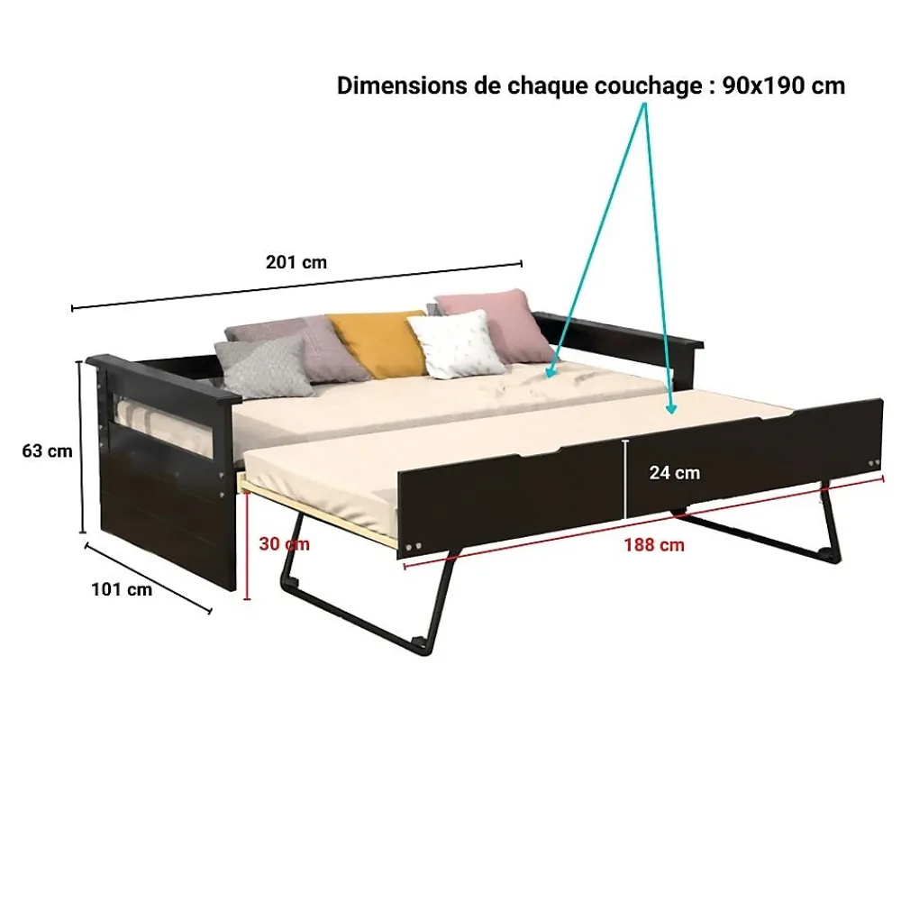 Weber Industries Banquette gigogne TOLEDE 90x190 + 2 sommiers + 1 tiroir-lit / Noir* Lit Gigogne