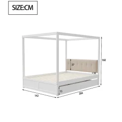 ProximaX Cadre de lit à baldaquin 140 x 200 cm avec 2 grands tiroirs et dossier moelleux, lit en bois blanc* Sommier