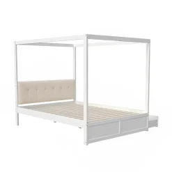 ProximaX Cadre de lit à baldaquin 140 x 200 cm avec 2 grands tiroirs et dossier moelleux, lit en bois blanc* Sommier