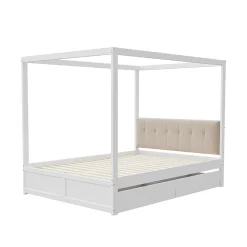 ProximaX Cadre de lit à baldaquin 140 x 200 cm avec 2 grands tiroirs et dossier moelleux, lit en bois blanc* Sommier