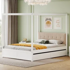 ProximaX Cadre de lit à baldaquin 140 x 200 cm avec 2 grands tiroirs et dossier moelleux, lit en bois blanc* Sommier