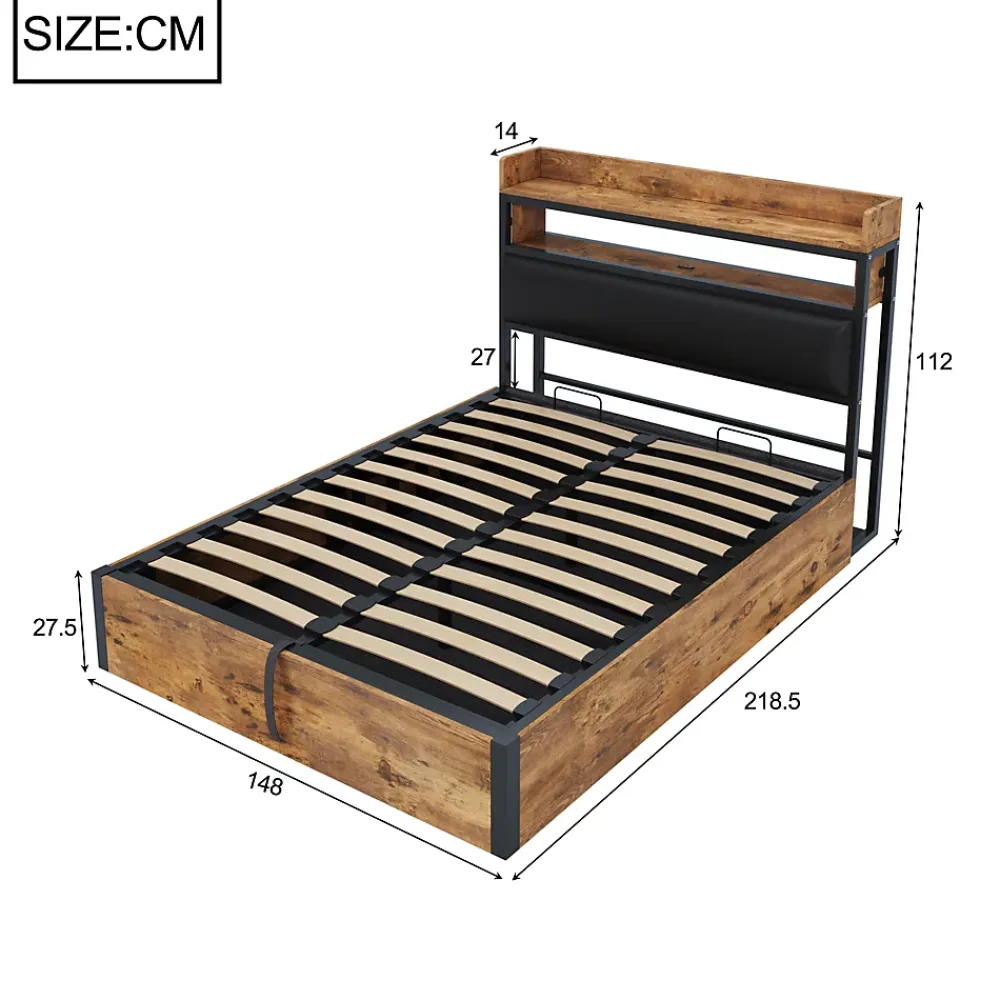 Redom Cadre de lit 140 par 200 cm avec mécanisme hydraulique USB tête rembourrée design bois et métal rangement caché noir* Lit Avec Rangement