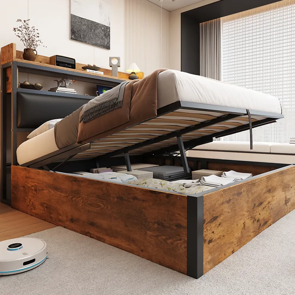 Redom Cadre de lit 140 par 200 cm avec mécanisme hydraulique USB tête rembourrée design bois et métal rangement caché noir* Lit Avec Rangement