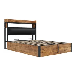 Redom Cadre de lit 140 par 200 cm avec mécanisme hydraulique USB tête rembourrée design bois et métal rangement caché noir* Lit Avec Rangement