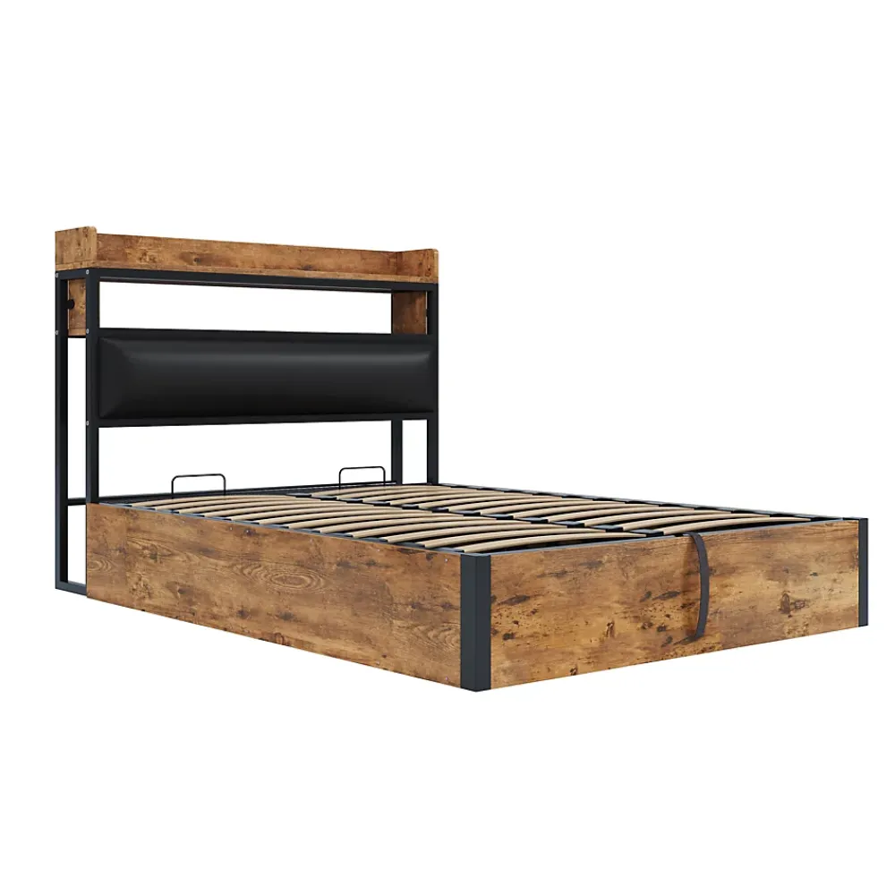Redom Cadre de lit 140 par 200 cm avec mécanisme hydraulique USB tête rembourrée design bois et métal rangement caché noir* Lit Avec Rangement