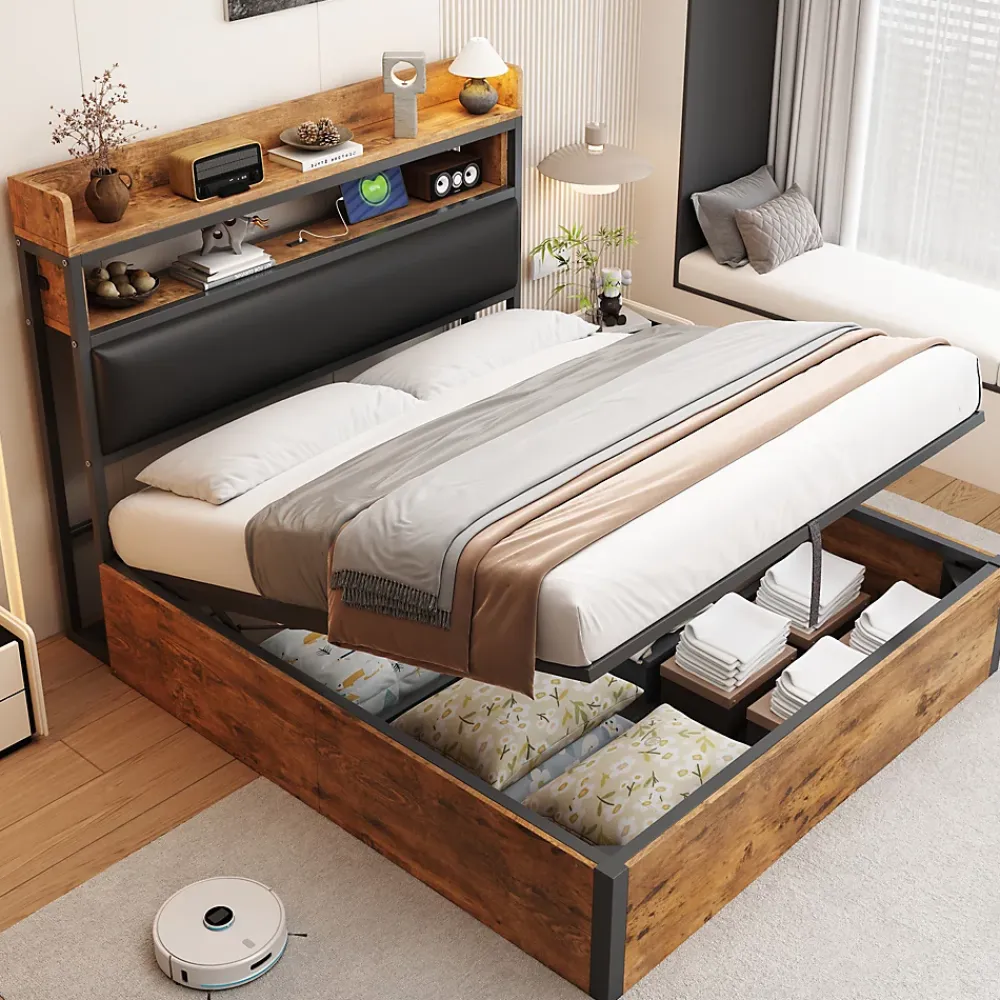 Redom Cadre de lit 140 par 200 cm avec mécanisme hydraulique USB tête rembourrée design bois et métal rangement caché noir* Lit Avec Rangement