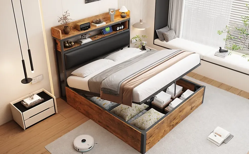 Redom Cadre de lit 140 par 200 cm avec mécanisme hydraulique USB tête rembourrée design bois et métal rangement caché noir* Lit Avec Rangement