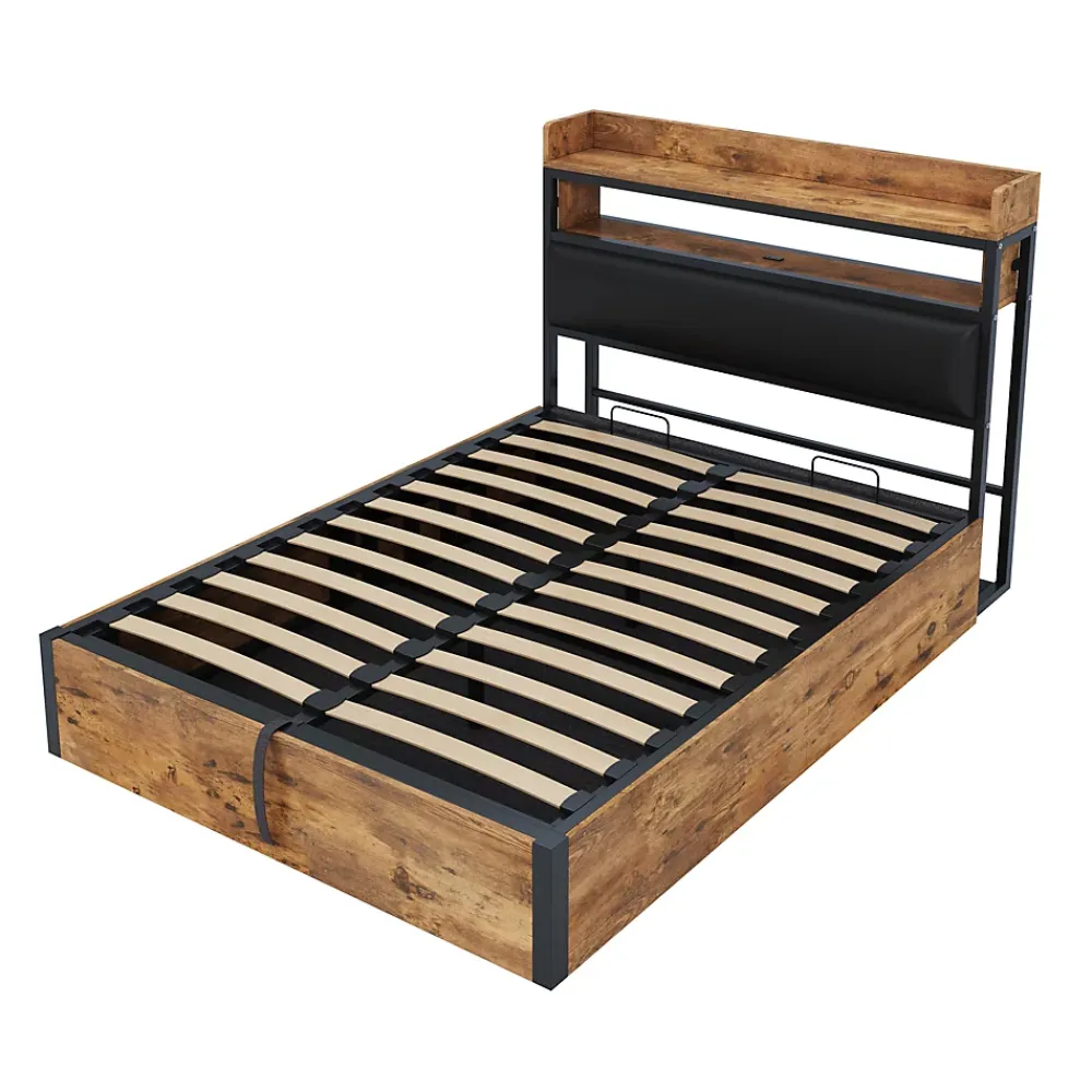 Redom Cadre de lit 140 par 200 cm avec mécanisme hydraulique USB tête rembourrée design bois et métal rangement caché noir* Lit Avec Rangement