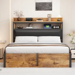 Redom Cadre de lit 140 par 200 cm avec mécanisme hydraulique USB tête rembourrée design bois et métal rangement caché noir* Lit Avec Rangement