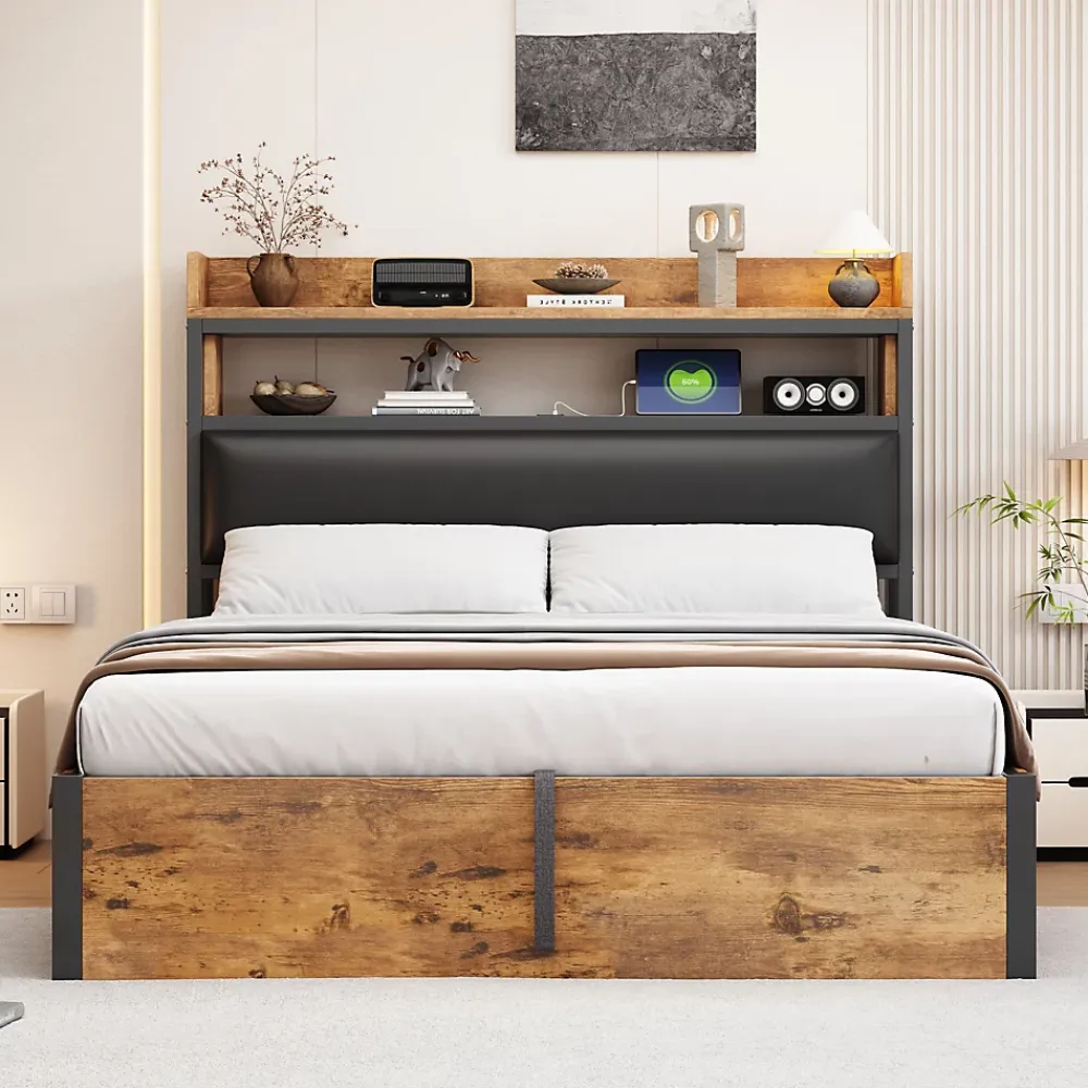 Redom Cadre de lit 140 par 200 cm avec mécanisme hydraulique USB tête rembourrée design bois et métal rangement caché noir* Lit Avec Rangement