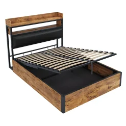 Redom Cadre de lit 140 par 200 cm avec mécanisme hydraulique USB tête rembourrée design bois et métal rangement caché noir* Lit Avec Rangement