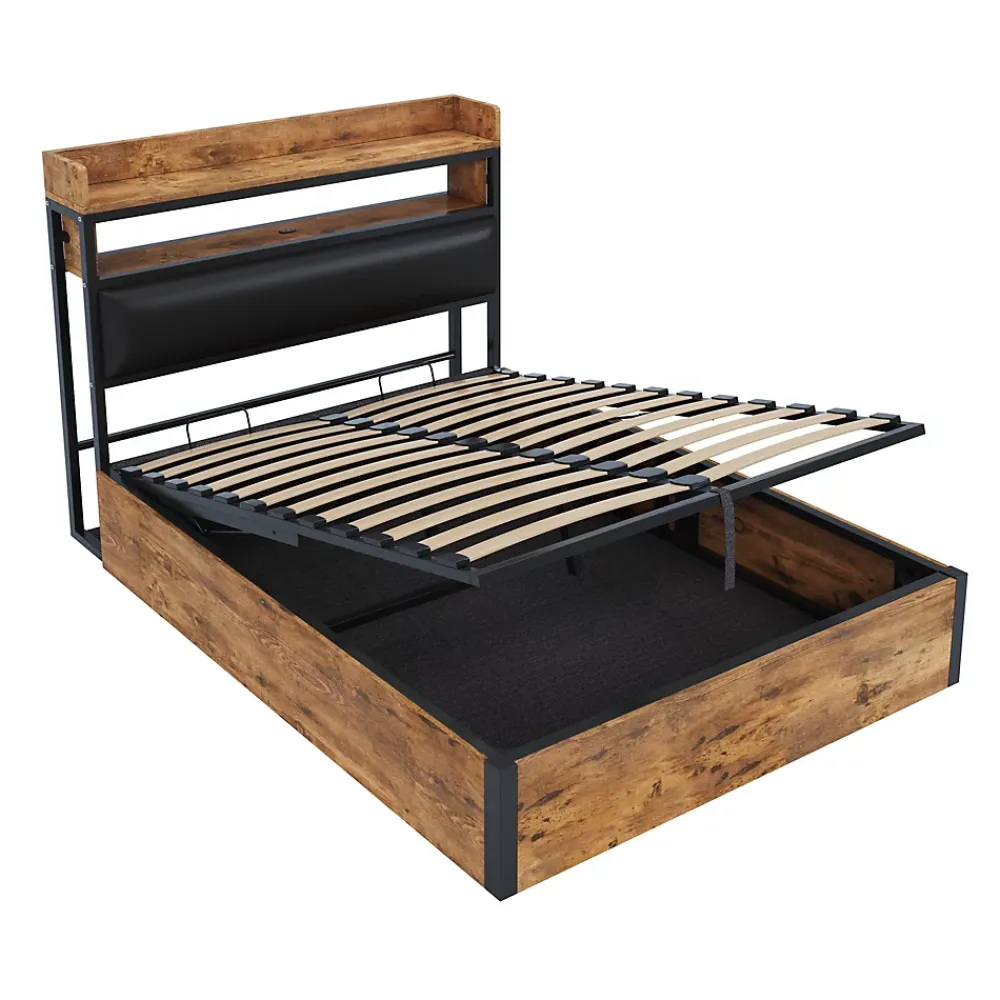 Redom Cadre de lit 140 par 200 cm avec mécanisme hydraulique USB tête rembourrée design bois et métal rangement caché noir* Lit Avec Rangement