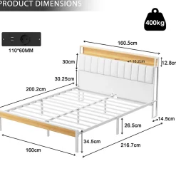 Teeno Cadre de lit, 160 x 200 avec Base en métal, lit 2 Personnes, avec lumières LED et Prises Multiples (1 Prise AC, 2 Ports USB)* Sommier
