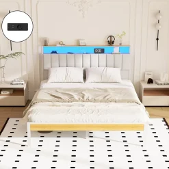 Teeno Cadre de lit, 160 x 200 avec Base en métal, lit 2 Personnes, avec lumières LED et Prises Multiples (1 Prise AC, 2 Ports USB)* Sommier