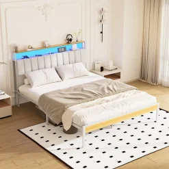 Teeno Cadre de lit, 160 x 200 avec Base en métal, lit 2 Personnes, avec lumières LED et Prises Multiples (1 Prise AC, 2 Ports USB)* Sommier