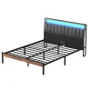 Cadre de lit 160 x 200 avec Base en métal, lit 2 Personnes, avec lumières LED et Prises Multiples (1 Prise AC, 2 Ports USB), avec>Teeno New