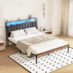 Cadre de lit 160 x 200 avec Base en métal, lit 2 Personnes, avec lumières LED et Prises Multiples (1 Prise AC, 2 Ports USB), avec><noscript><img width=