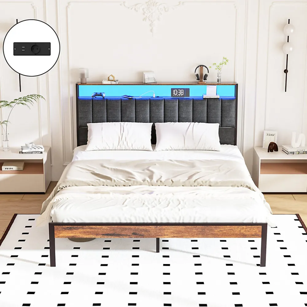 Cadre de lit 160 x 200 avec Base en métal, lit 2 Personnes, avec lumières LED et Prises Multiples (1 Prise AC, 2 Ports USB), avec>Teeno New