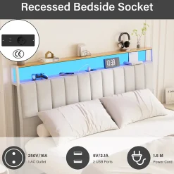 Teeno Cadre de lit, 140 x 190 avec Base en métal, lit 2 Personnes, avec lumières LED et Prises Multiples (1 Prise AC, 2 Ports USB), lit* Sommier