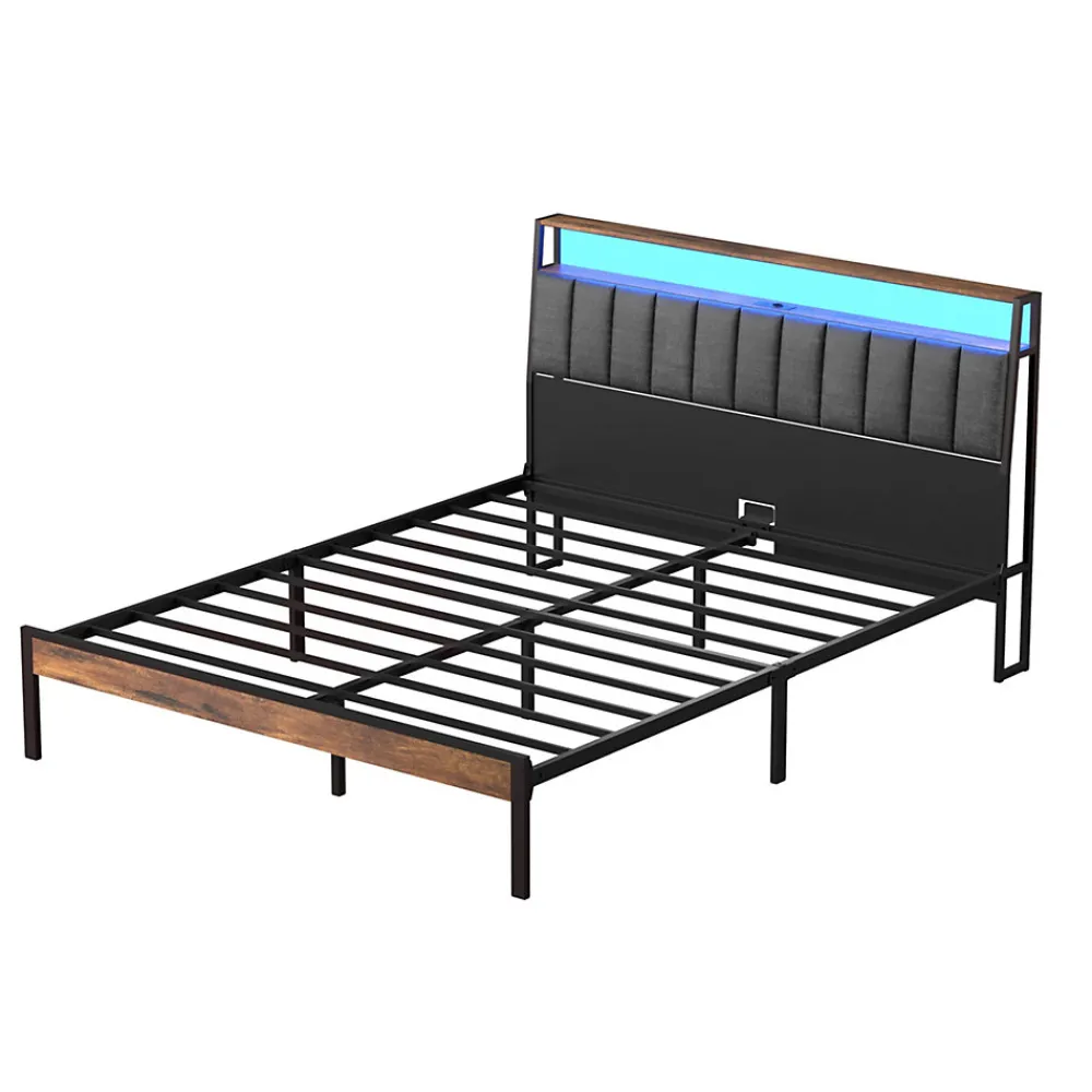 Cadre de lit 140 x 190 avec Base en métal, lit 2 Personnes, avec lumières LED et Prises Multiples (1 Prise AC, 2 Ports USB), avec>Teeno Sale