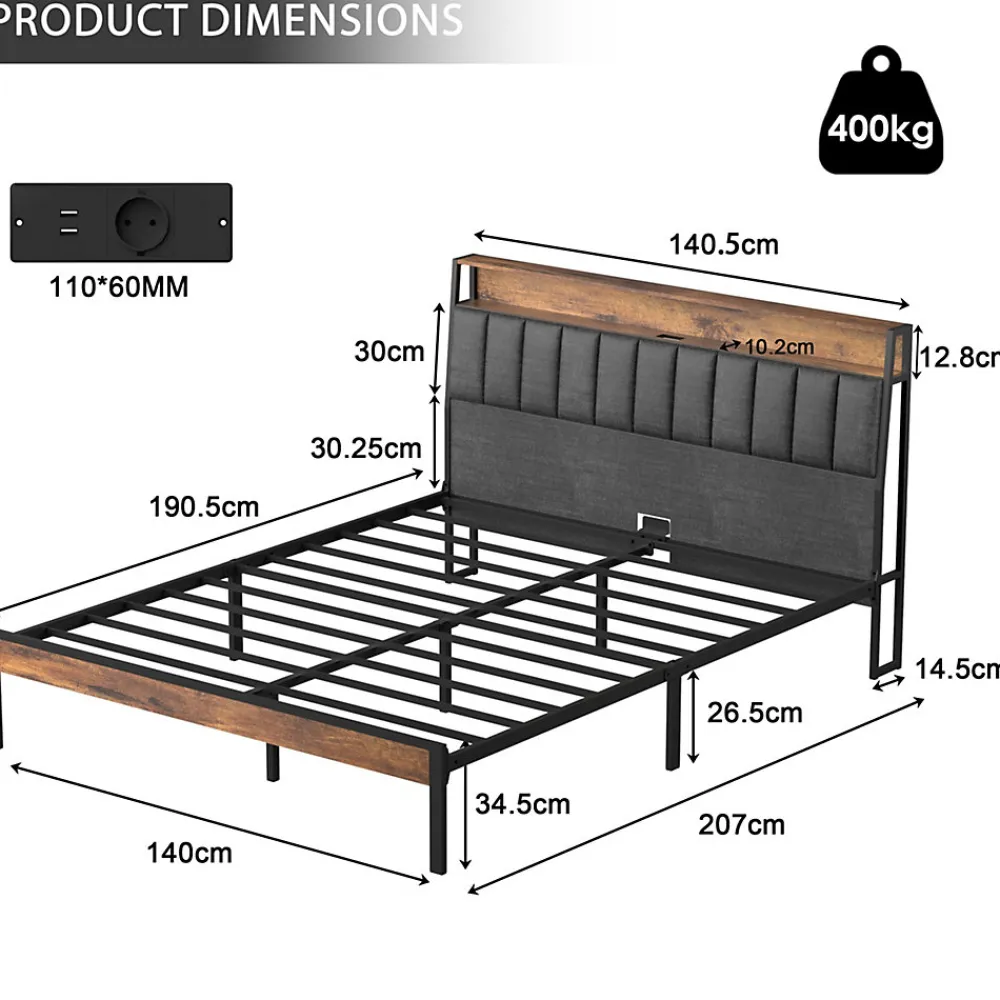 Cadre de lit 140 x 190 avec Base en métal, lit 2 Personnes, avec lumières LED et Prises Multiples (1 Prise AC, 2 Ports USB), avec>Teeno Sale