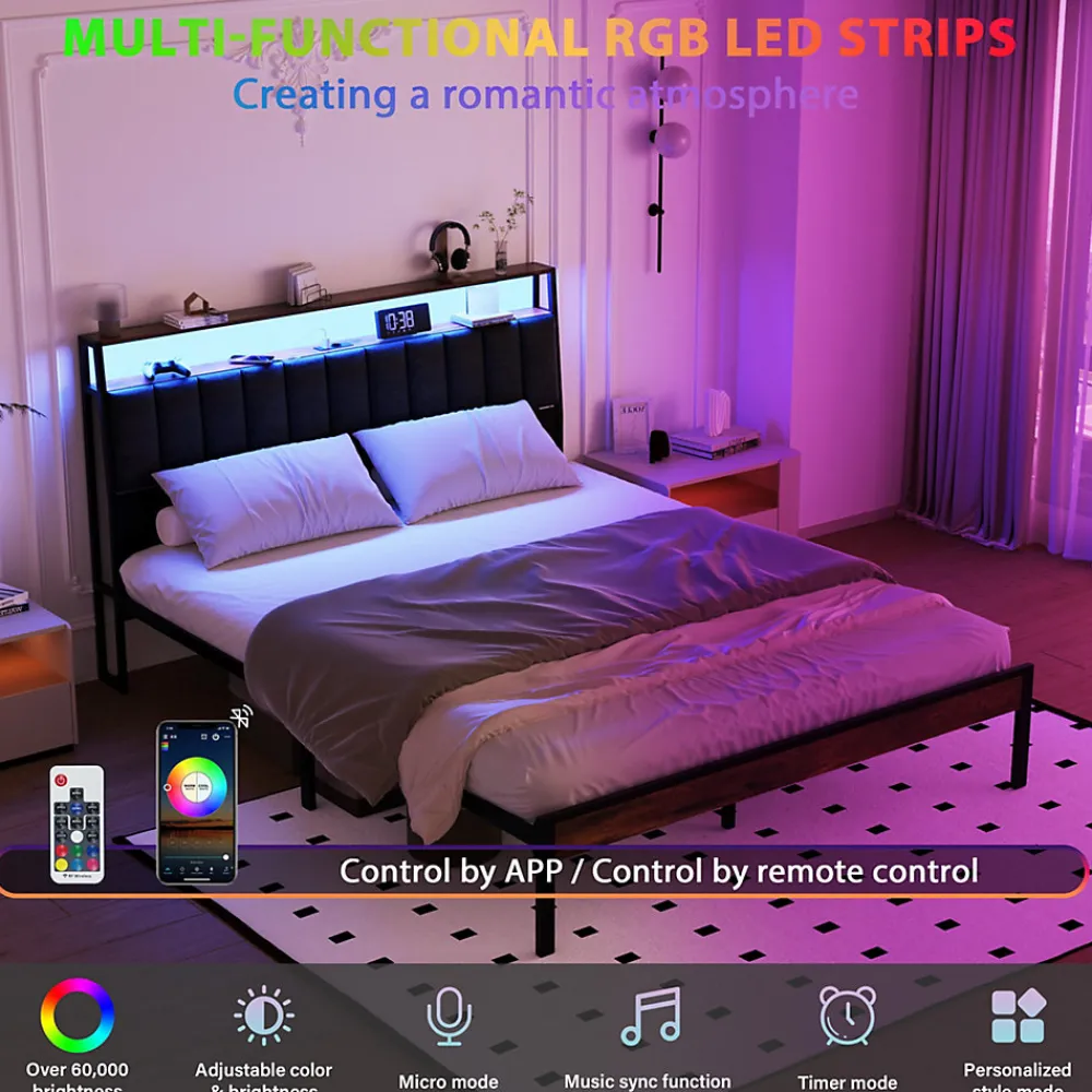 Cadre de lit 140 x 190 avec Base en métal, lit 2 Personnes, avec lumières LED et Prises Multiples (1 Prise AC, 2 Ports USB), avec>Teeno Sale