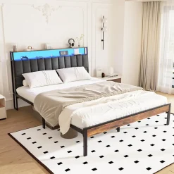 Cadre de lit 140 x 190 avec Base en métal, lit 2 Personnes, avec lumières LED et Prises Multiples (1 Prise AC, 2 Ports USB), avec><noscript><img width=