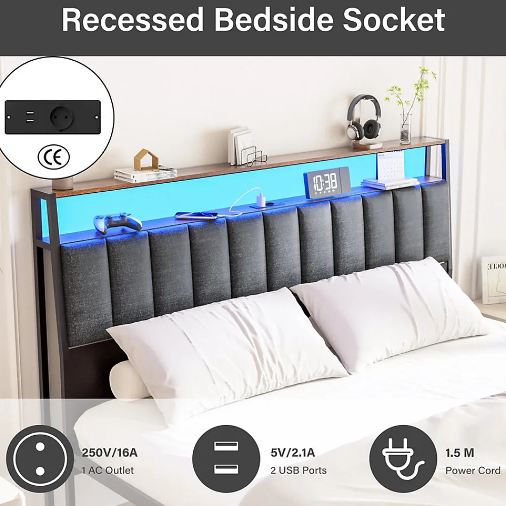Cadre de lit 140 x 190 avec Base en métal, lit 2 Personnes, avec lumières LED et Prises Multiples (1 Prise AC, 2 Ports USB), avec>Teeno Sale