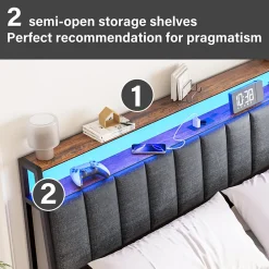 Cadre de lit 140 x 190 avec Base en métal, lit 2 Personnes, avec lumières LED et Prises Multiples (1 Prise AC, 2 Ports USB), avec><noscript><img width=