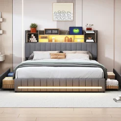 Cadre de lit double gris 140x190 cm, sommier à lattes, rembourré avec tête de lit rangement, 4 tiroirs intégrés et montage facile>ProximaX Online