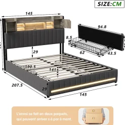Cadre de lit double gris 140x190 cm, sommier à lattes, rembourré avec tête de lit rangement, 4 tiroirs intégrés et montage facile><noscript><img width=