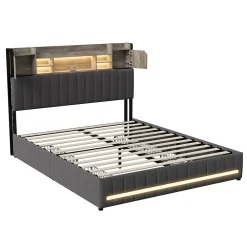 Cadre de lit double gris 140x190 cm, sommier à lattes, rembourré avec tête de lit rangement, 4 tiroirs intégrés et montage facile><noscript><img width=