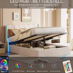 Cadre de lit double gris 140x200 cm, sommier à lattes, rembourré avec tête de lit rangement, 4 tiroirs intégrés et montage facile><noscript><img width=